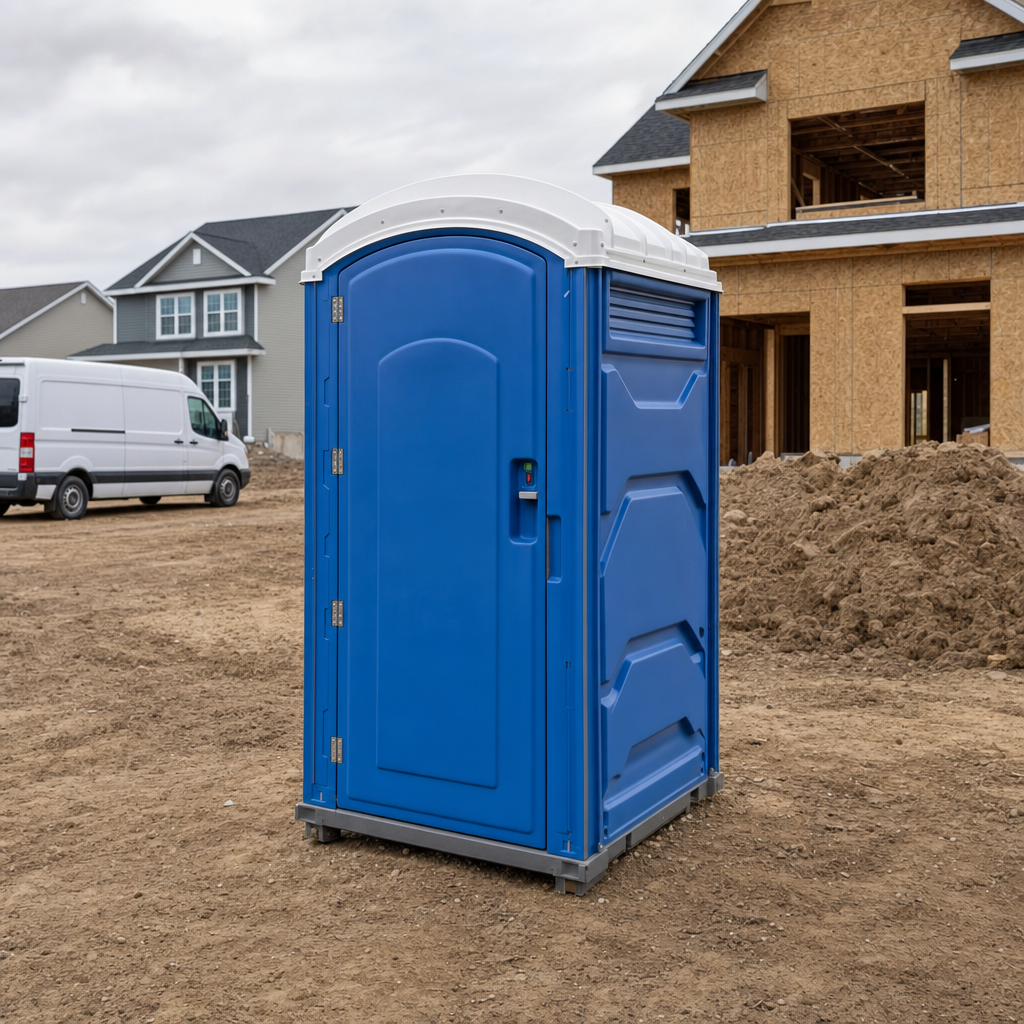 Single royal blue standard portable toilet positioned on a level construction site