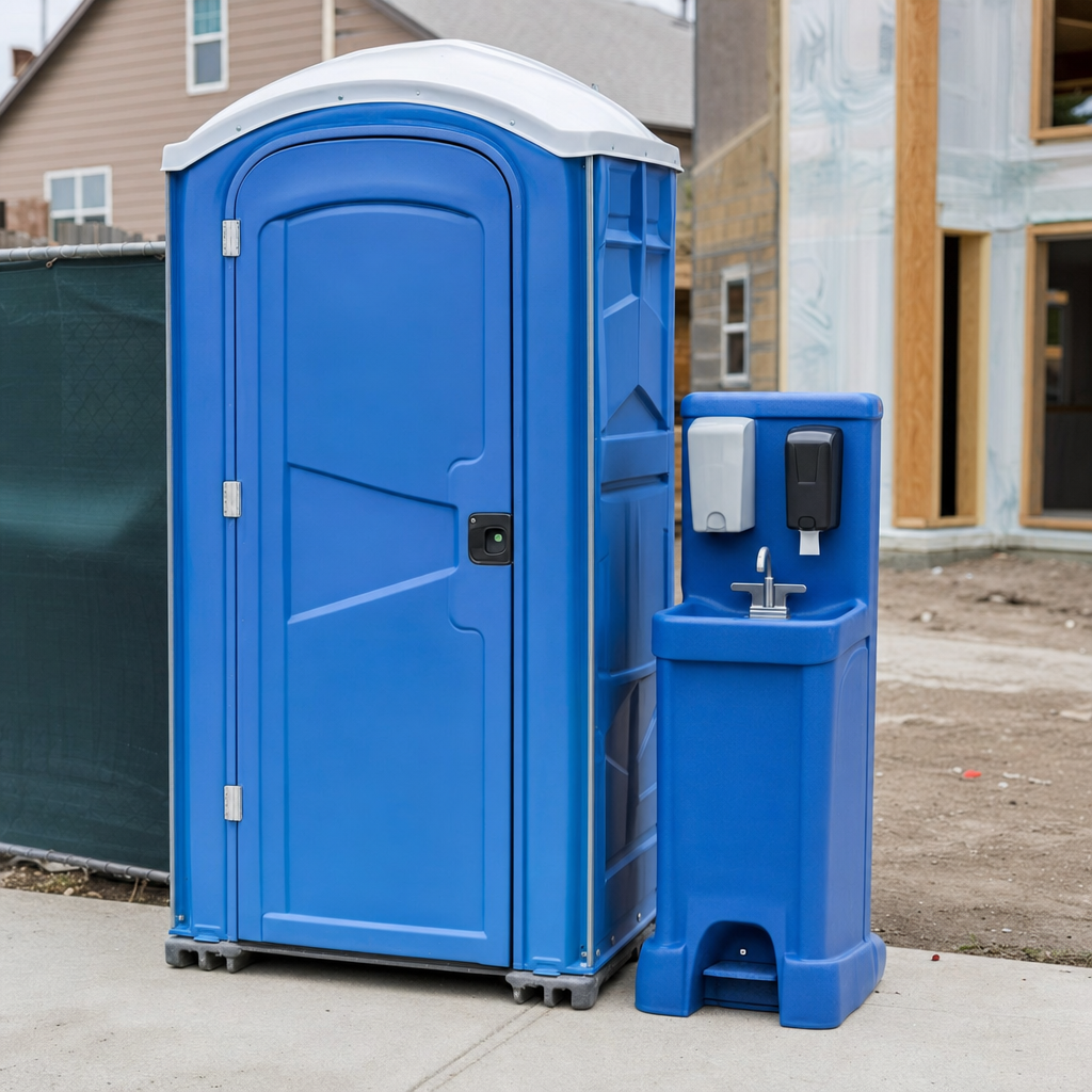 Portable toilet paired with a freestanding handwashing station on a paved jobsite walkway