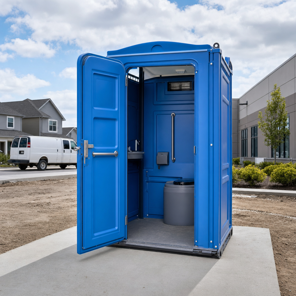 Square ADA-compliant portable toilet with ground-level entry on a finished concrete pad