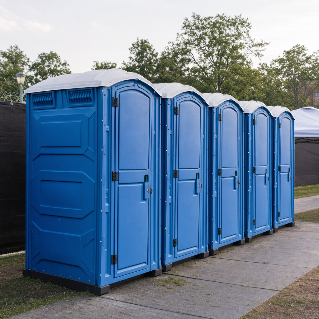 Cluster of royal blue portable toilets arranged in a clean row at an outdoor event venue with sunny daylight