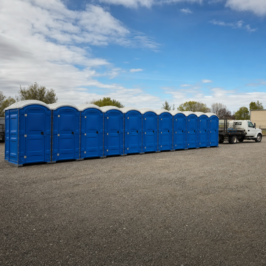 Row of clean royal blue portable toilets staged on a flat gravel lot ready for delivery